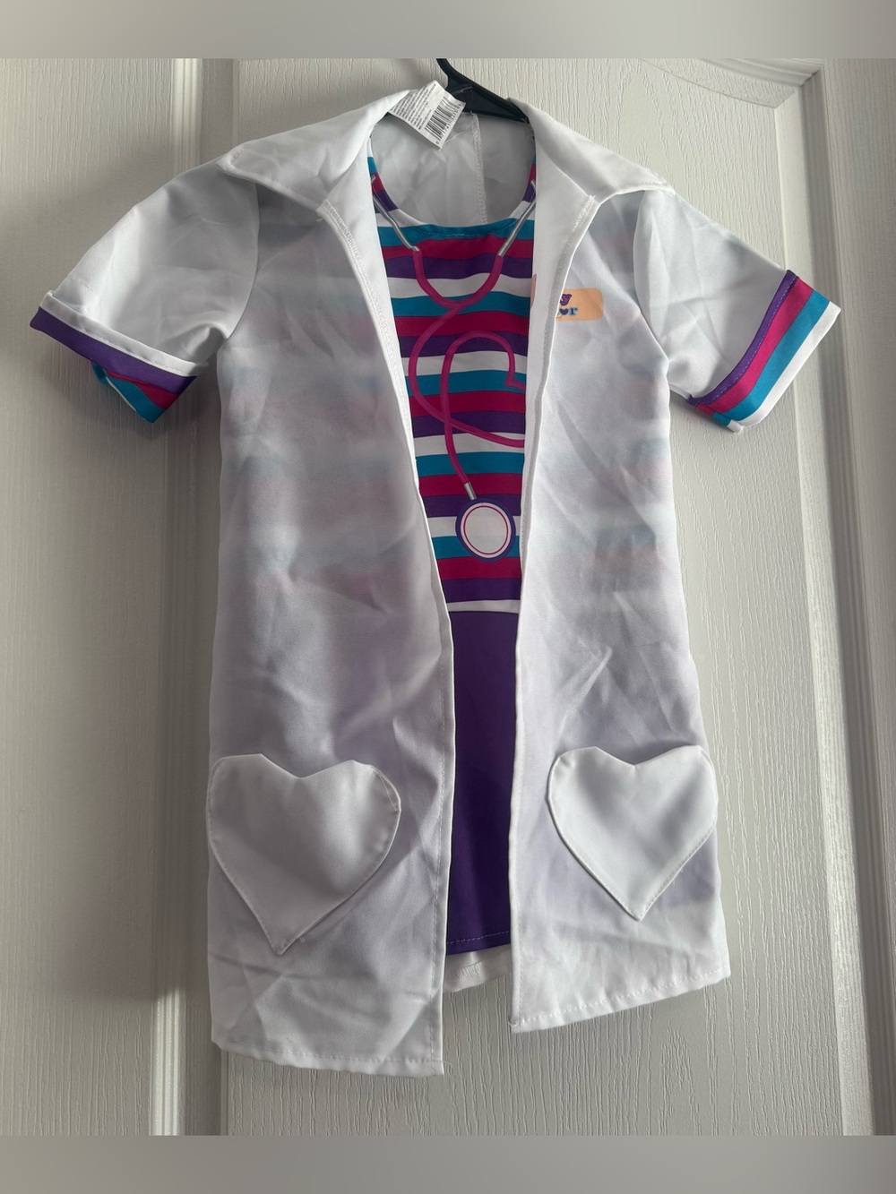 Kids White Doctor Costume Tunic with Purple & Teal Stripes